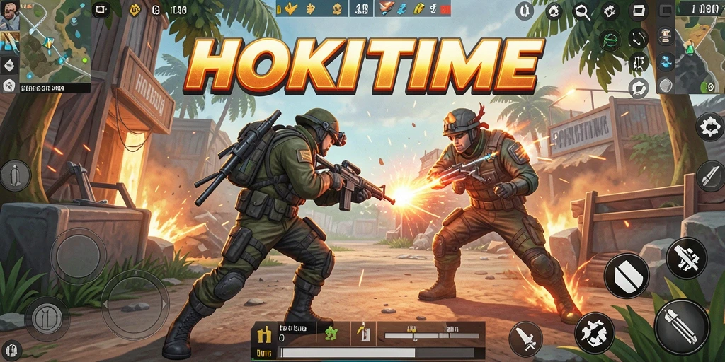 Tampilan gameplay HOKITIME yang intens dan penuh aksi dalam Battle Royale.