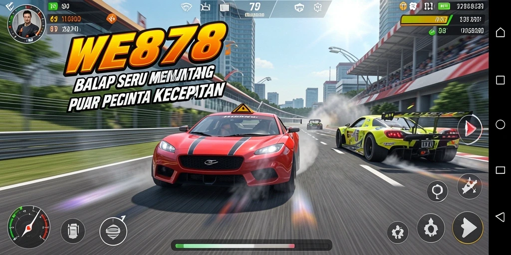 Tampilan gameplay WE878 yang menampilkan aksi balap seru dan mendebarkan.